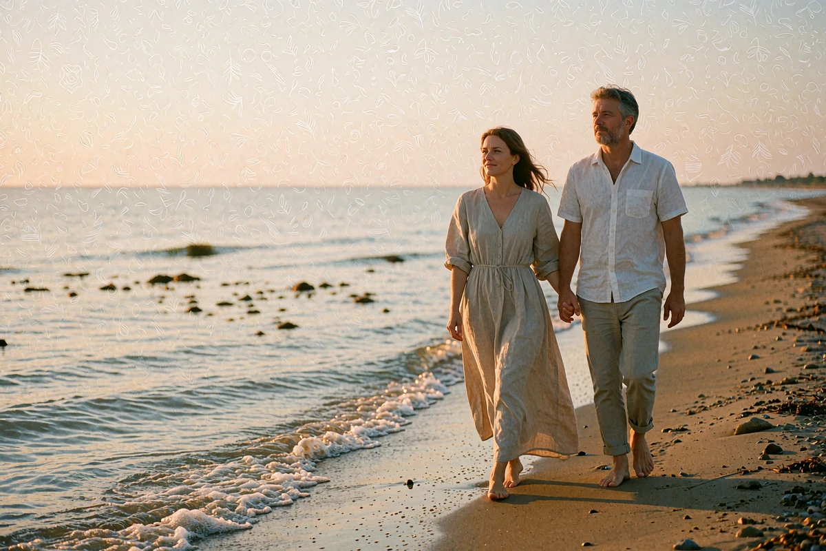 Couple in their forties walking barefoot along a quiet Black Sea shoreline at golden hour, holding hands