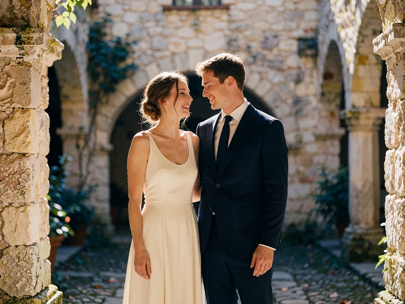 Bride in an ivory gown and groom in a dark suit laughing together in a sunlit stone courtyard