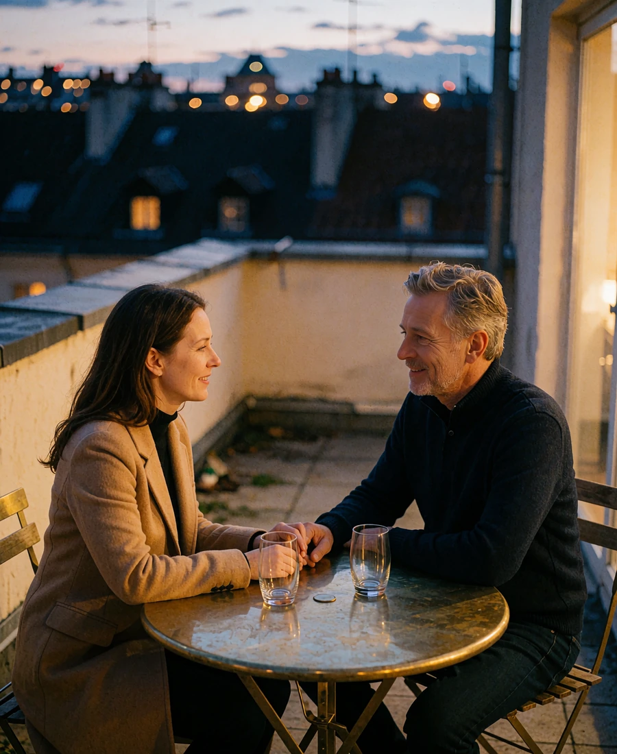 Couple smiling at each other across a table on a quiet rooftop terrace at dusk