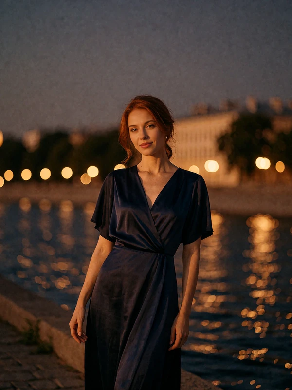 Auburn-haired Hungarian woman in a navy dress on a riverbank promenade at dusk