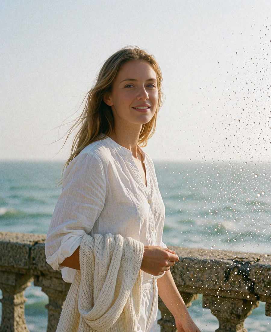 Bulgarian woman in a white summer blouse walking a coastal promenade beside the sea