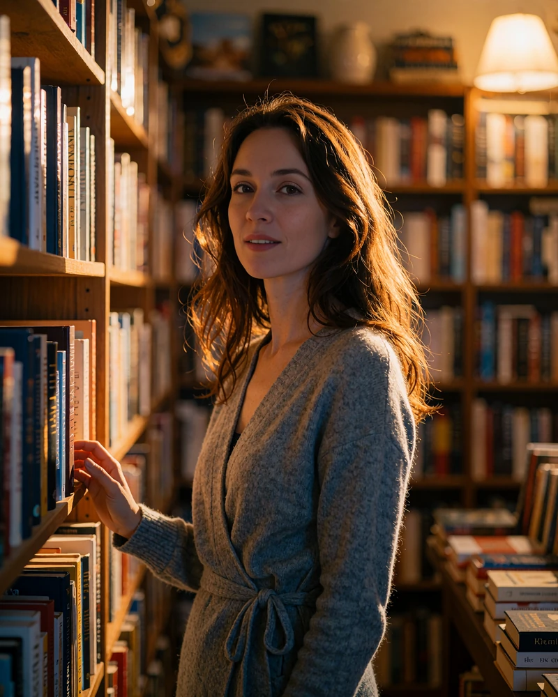 Chestnut-haired woman in a grey cardigan smiling in a quiet independent bookshop