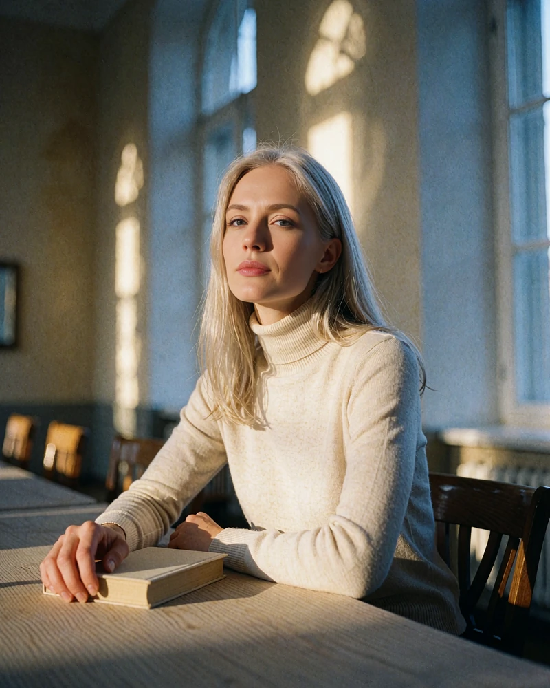Belarusian woman with ash-blonde hair seated at a reading table in a quiet library hall