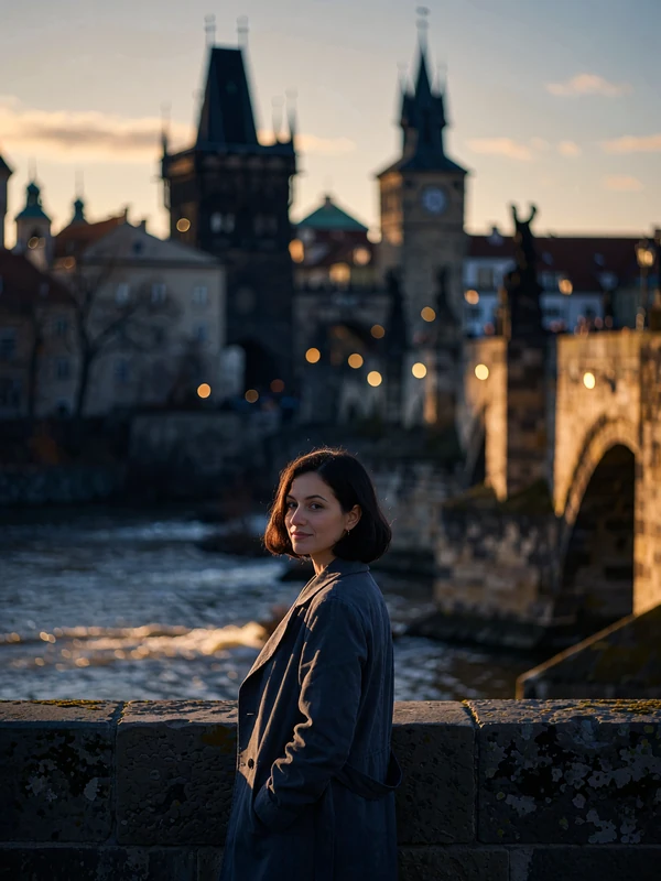 Czech woman with a dark bob standing on a historic stone bridge at dusk