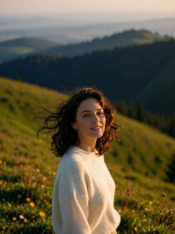 Dark-haired Romanian woman in an ivory sweater on a green Carpathian hillside