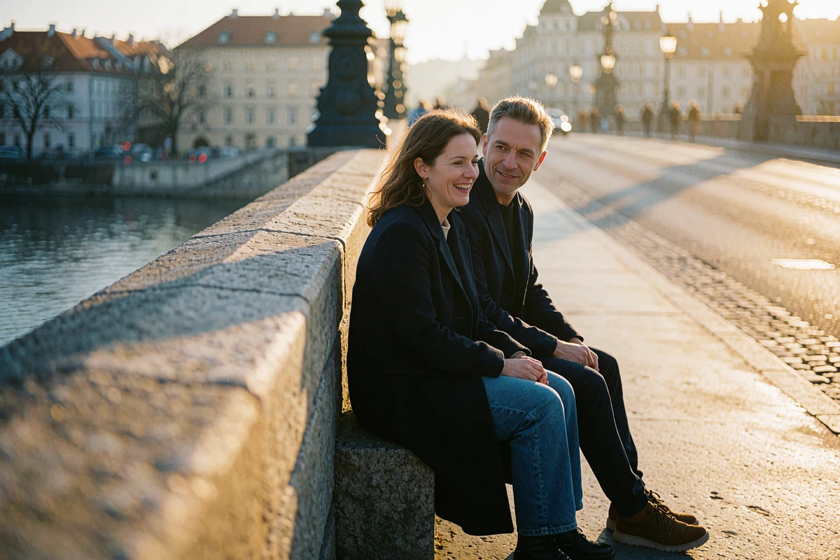 Couple in their late thirties walking together across a stone bridge in a Central European city at golden hour