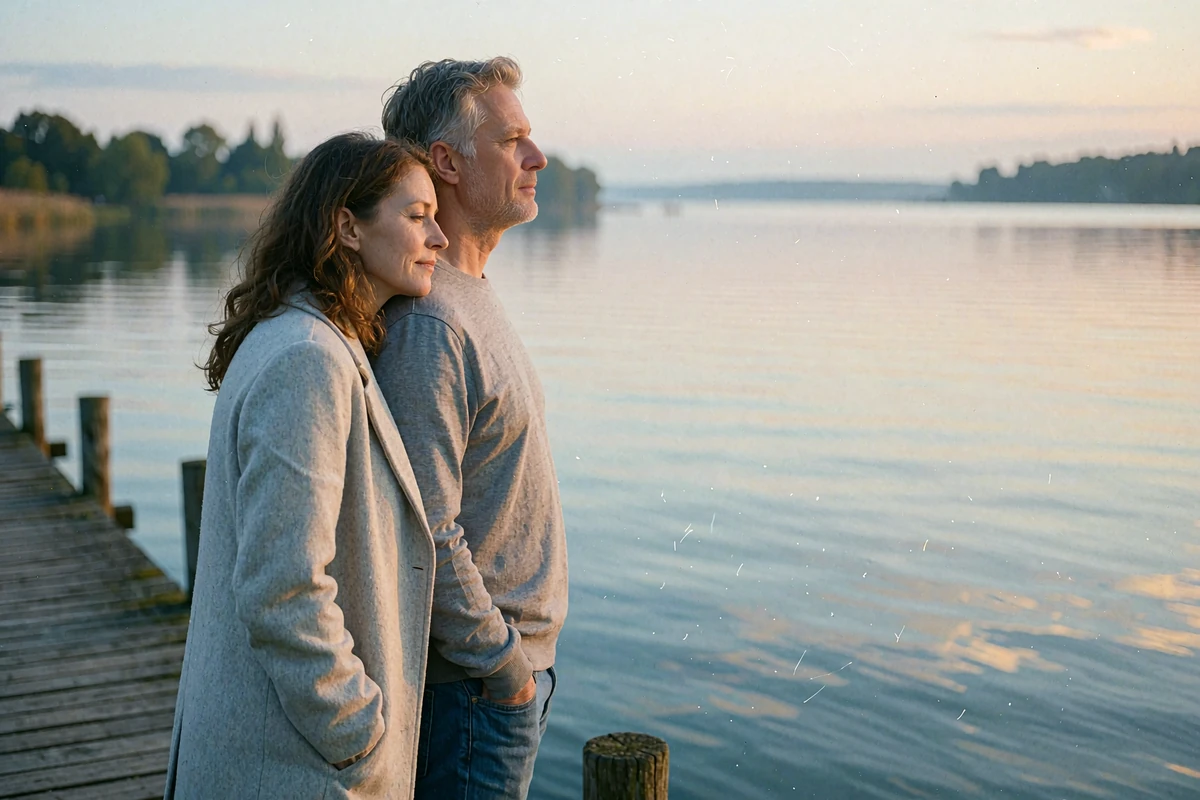 Couple in their late thirties standing close together on a wooden lakeside jetty at early evening