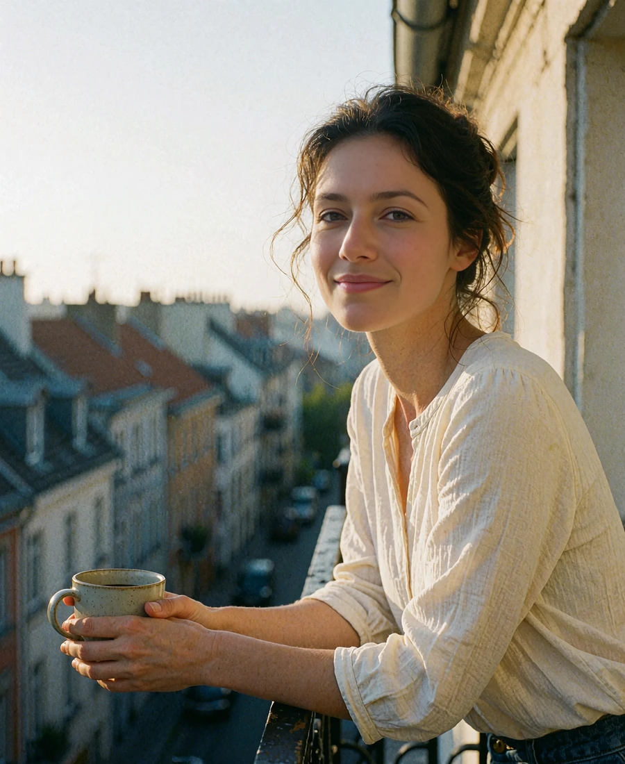Ukrainian woman with dark hair pinned up holding a coffee cup on a small city balcony in morning light