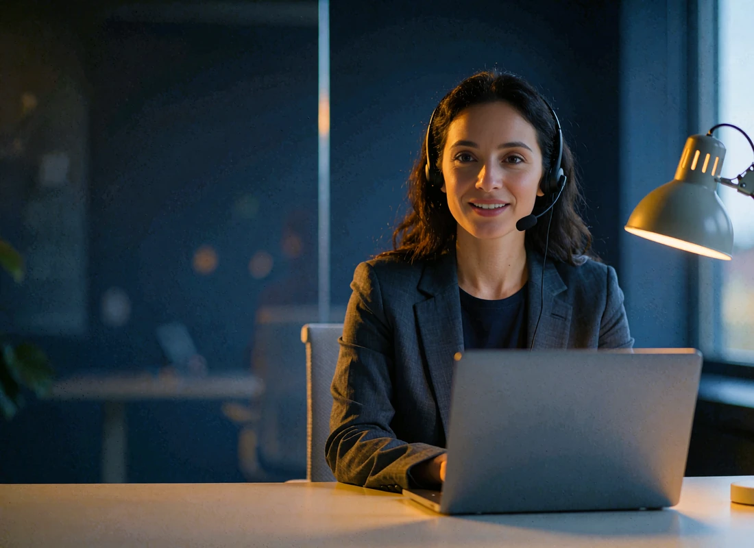 Support specialist at a desk listening attentively while wearing a headset in a modern office