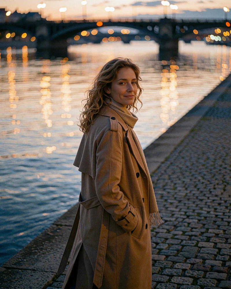 Czech woman in a camel trench coat walking along a stone riverside promenade at dusk