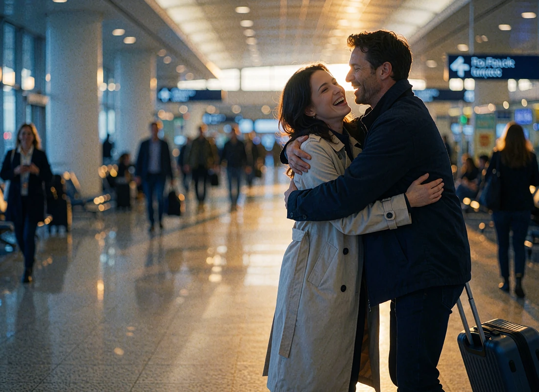 Couple embracing joyfully in an airport arrivals hall after a long-distance reunion