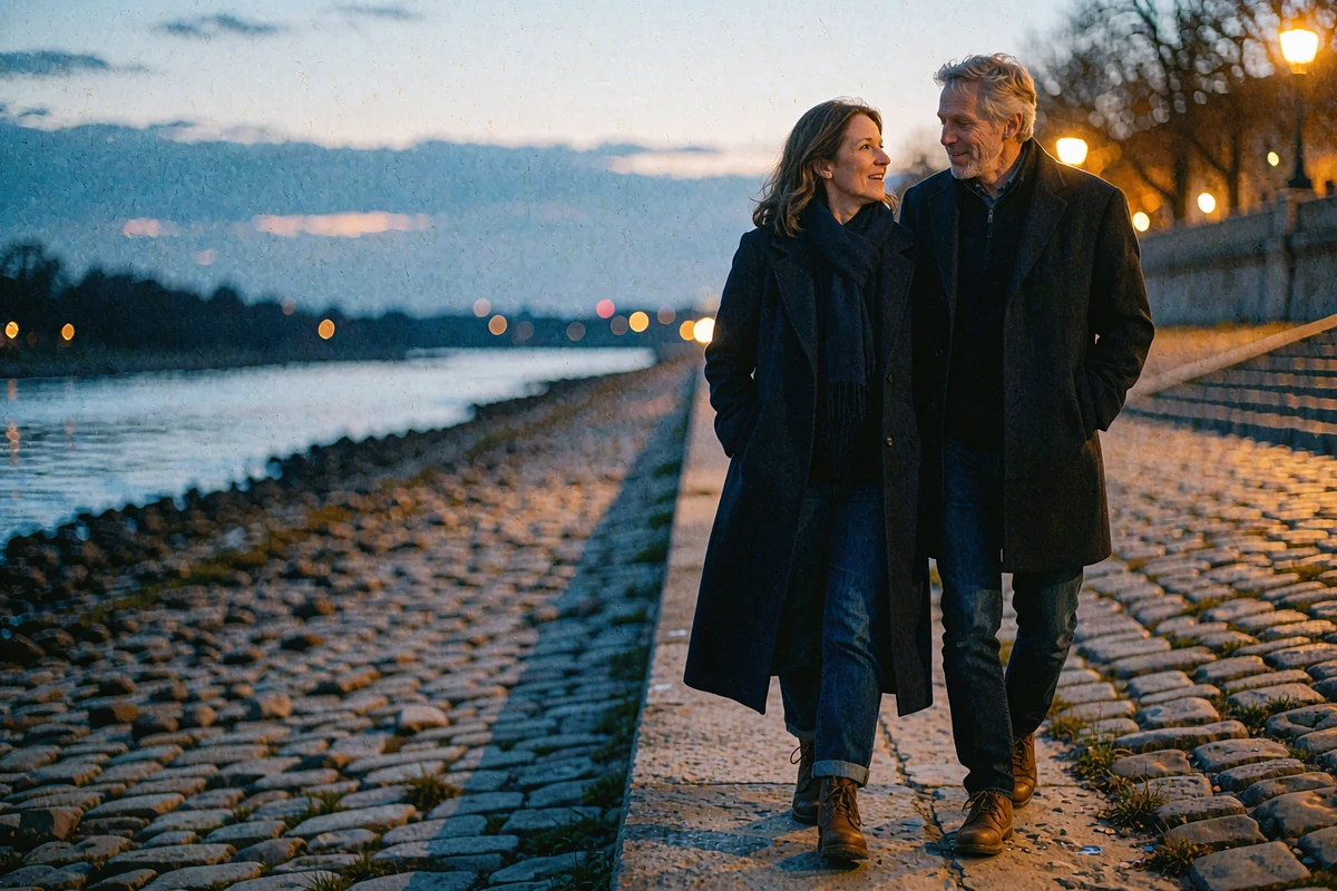 Couple in their late forties walking together along a stone river embankment at dusk