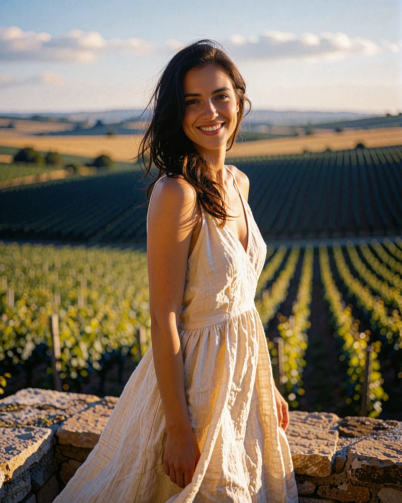 Moldovan woman in a light linen dress on a stone terrace above vineyard rows at golden hour