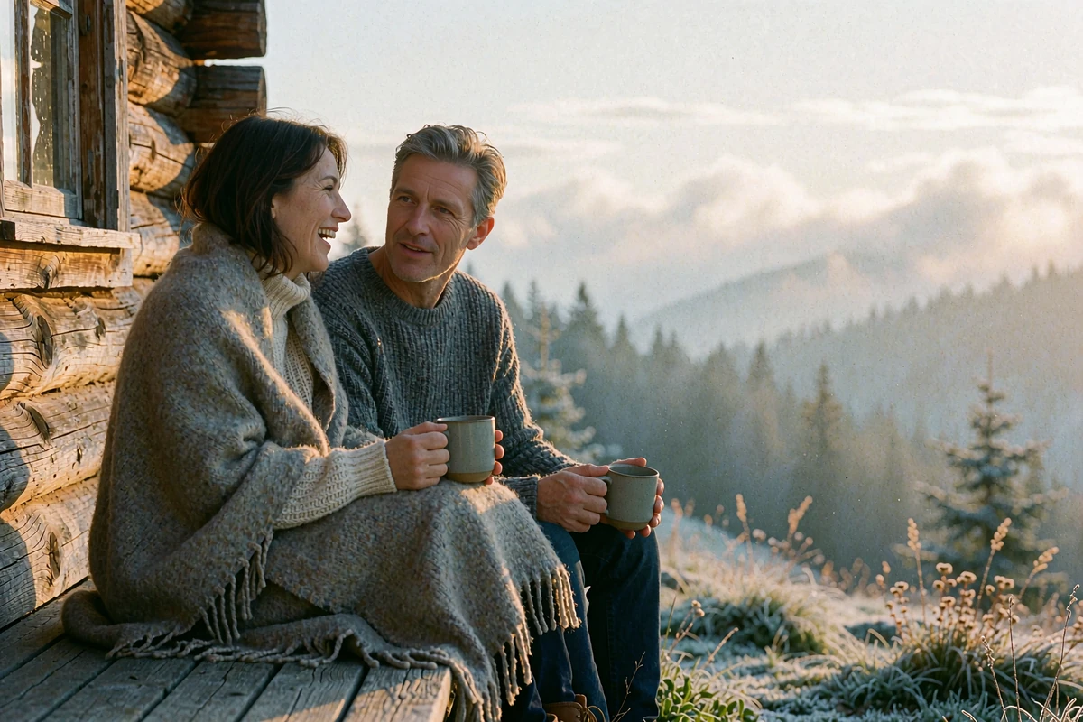 Couple in their late forties sharing coffee on a mountain cabin porch at sunrise, laughing together