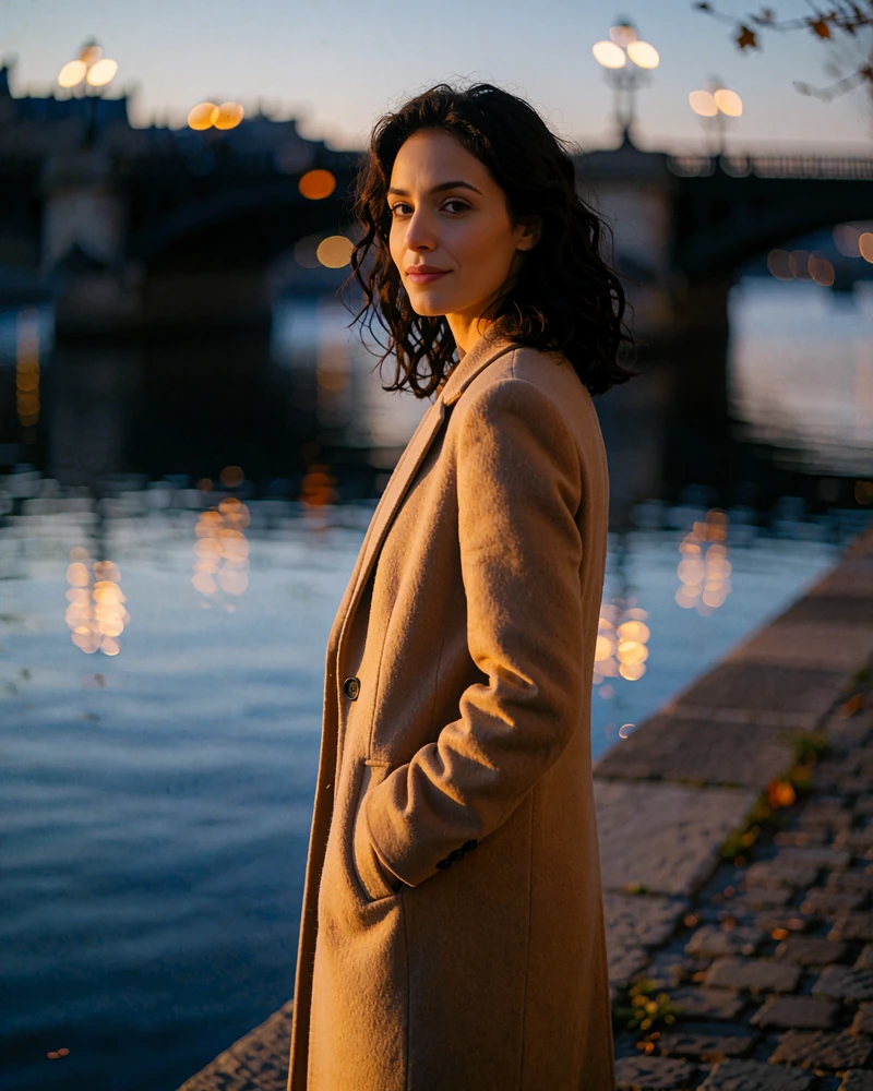 Dark-haired Slavic woman in a camel coat on a stone riverside embankment at dusk