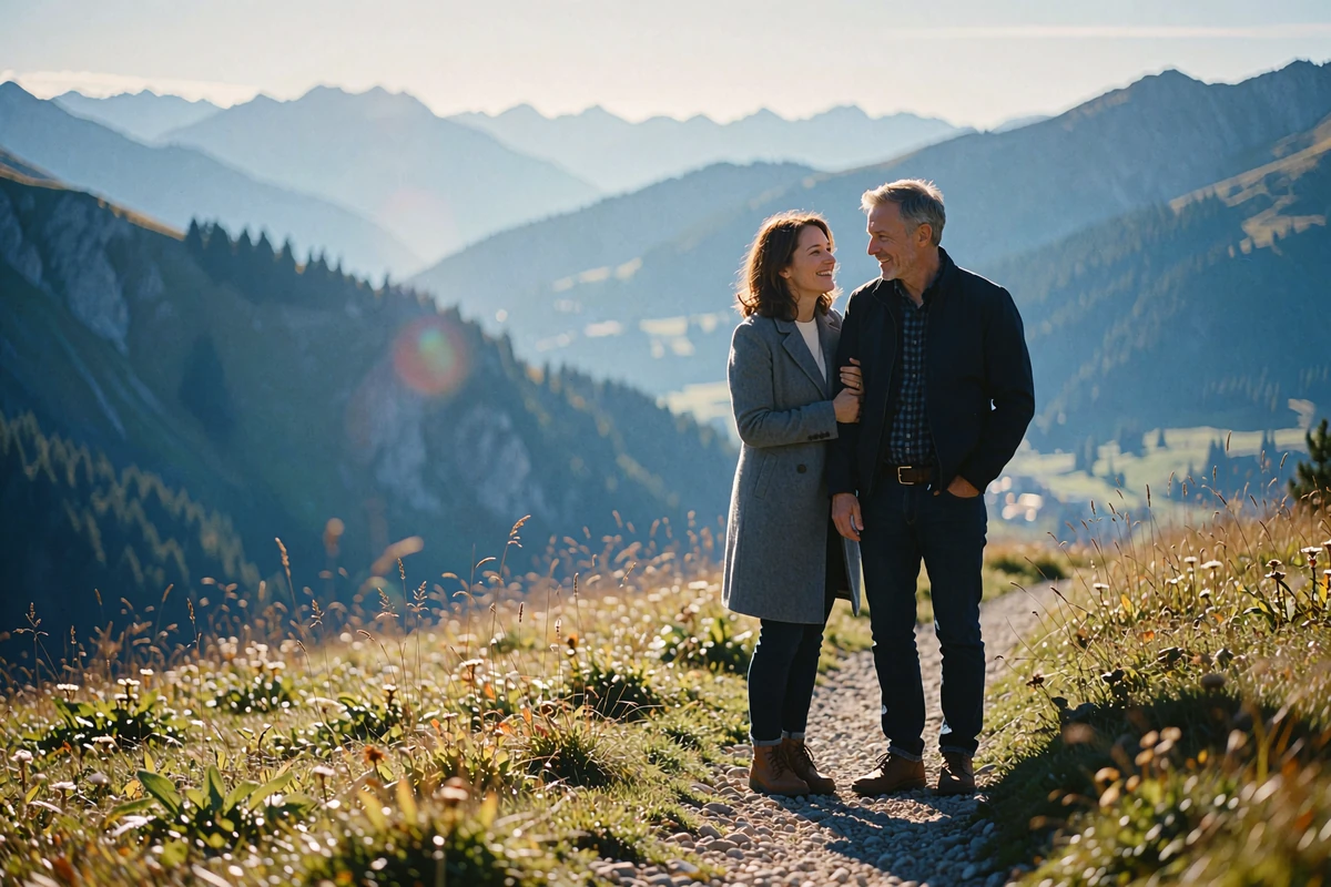 Couple in their late thirties standing together on a high alpine meadow path in the Tatra mountains