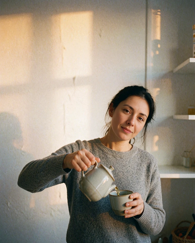 Moldovan woman in a grey knit pouring tea in a bright home kitchen
