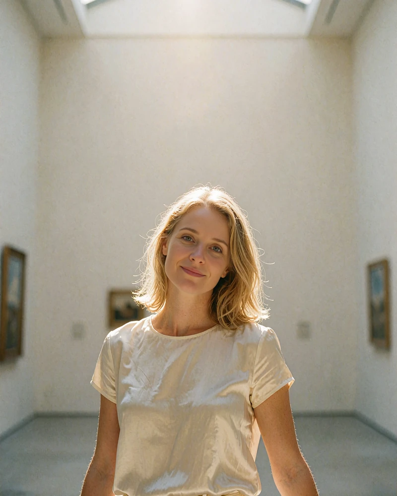 Blonde Slavic woman in an ivory silk blouse standing in a bright gallery atrium