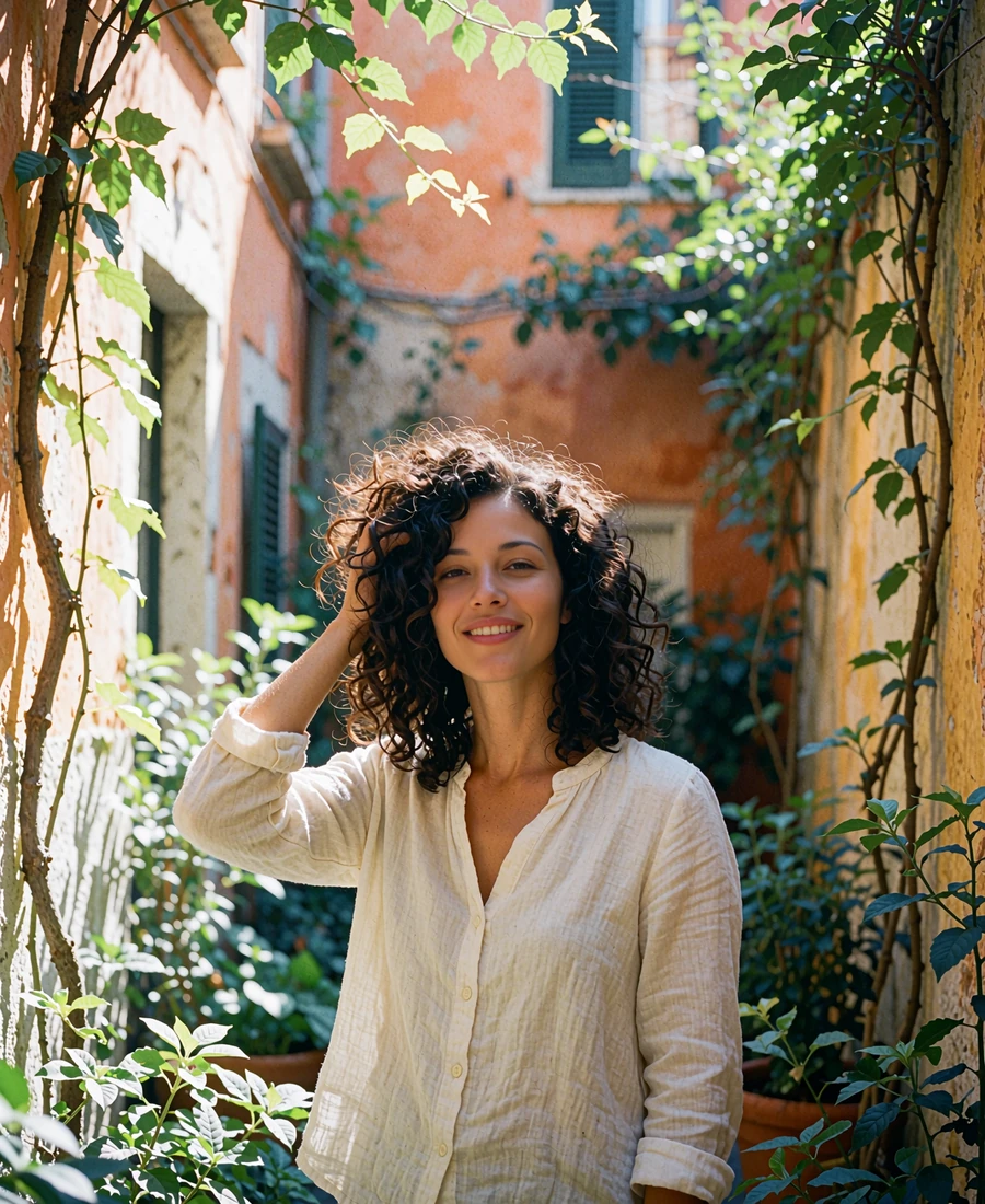 Romanian woman in a cream linen blouse standing in a quiet old-town courtyard with climbing vines
