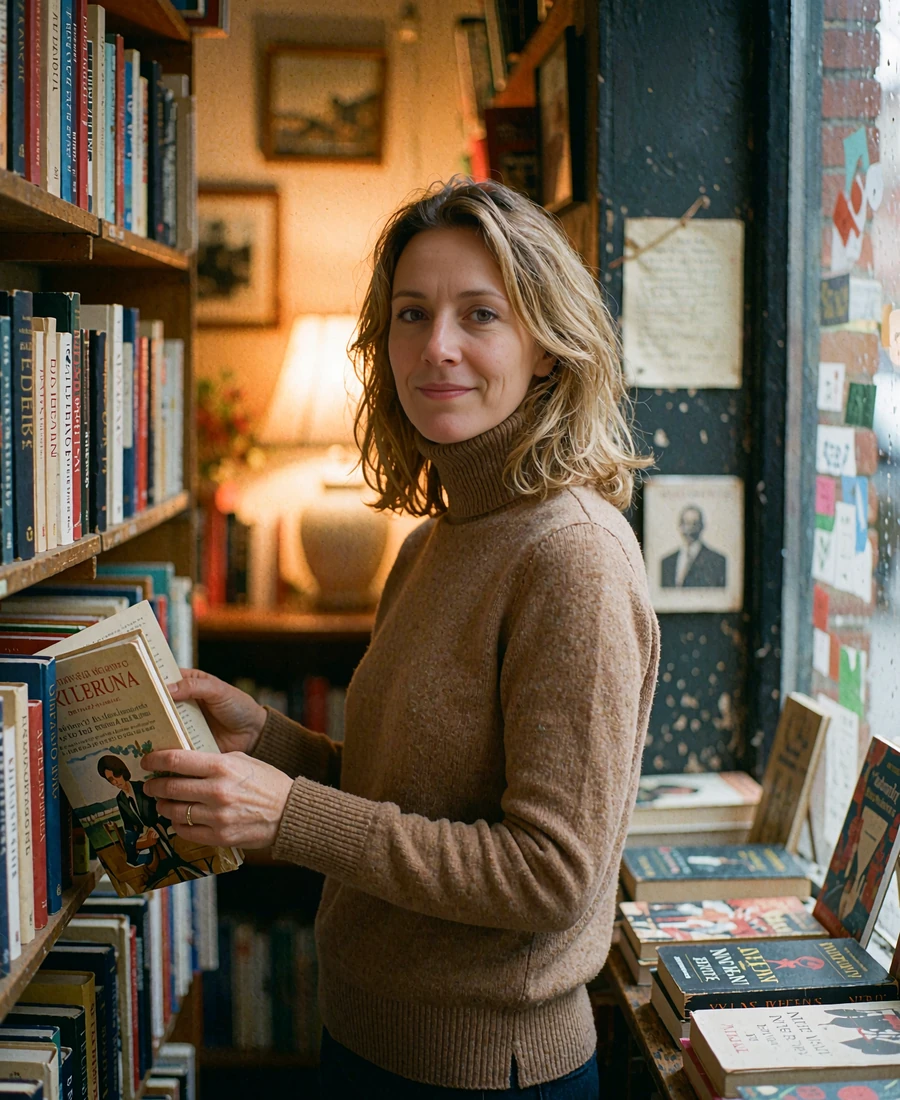 Ukrainian woman in a camel turtleneck browsing shelves in a quiet independent bookshop