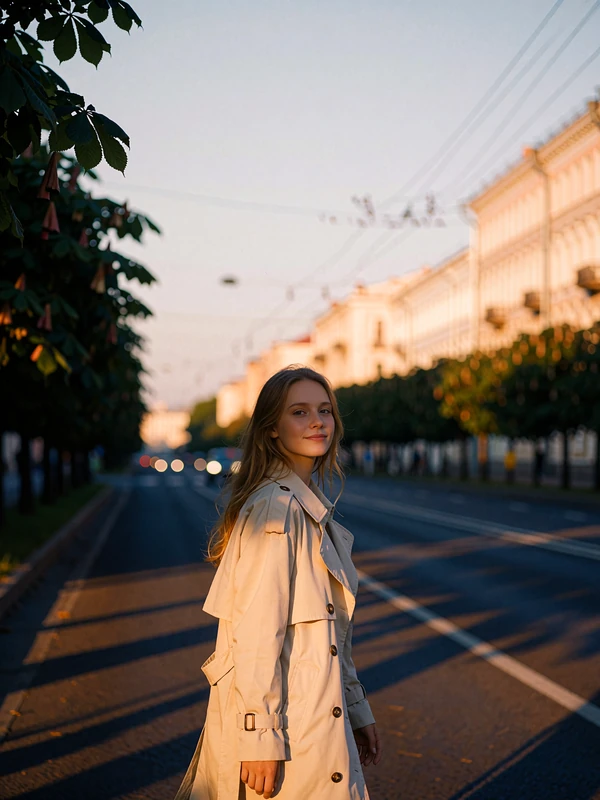 Fair-haired Ukrainian woman in a light trench coat walking along a chestnut-lined boulevard