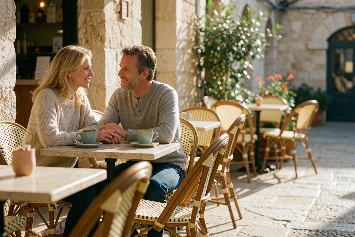 Couple in their forties sitting together on a sunlit cafe terrace, smiling at each other over coffee