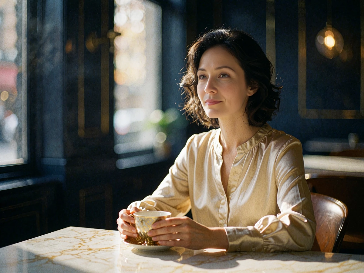 Poised woman with softly waved dark hair holding a cup of tea at a marble table in a quiet European cafe