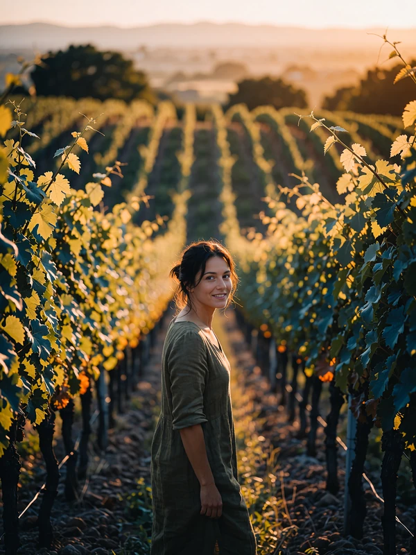 Moldovan woman in an olive linen dress walking between sunlit vineyard rows