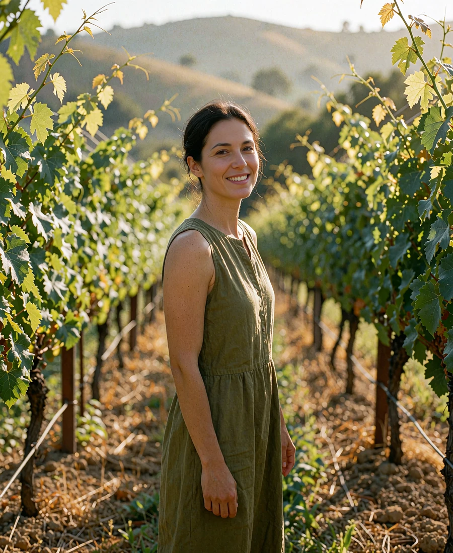 Bulgarian woman in an olive dress smiling between rows of vines on a hillside in the afternoon sun