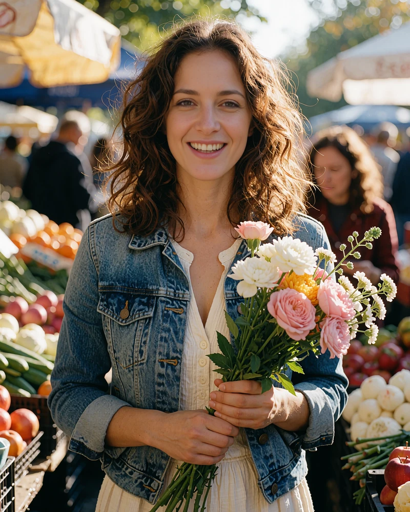 Moldovan woman in a denim jacket holding fresh cut flowers at an open-air morning market