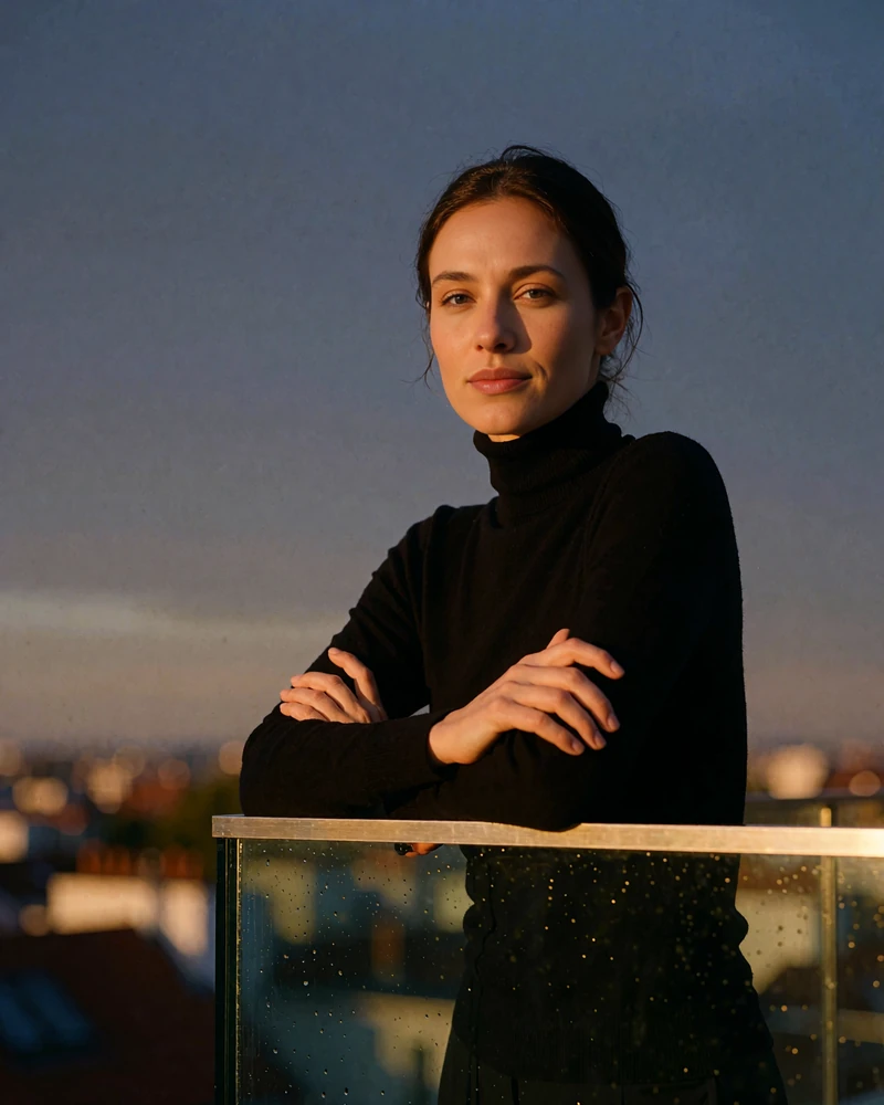 Dark-haired woman in a black turtleneck on an upscale rooftop terrace at sunset