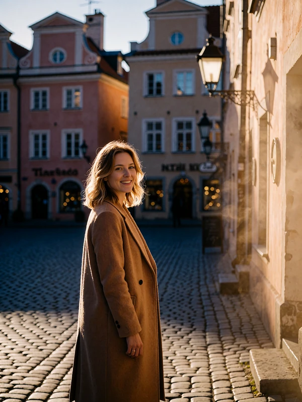 Blonde Polish woman in a caramel coat standing in a cobbled old-town square