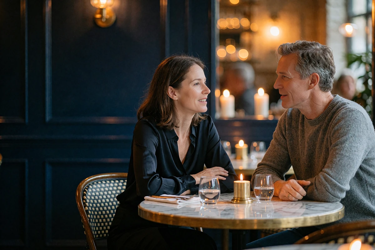 Couple leaning in over a marble bistro table in candlelight, mid-conversation at an upscale restaurant