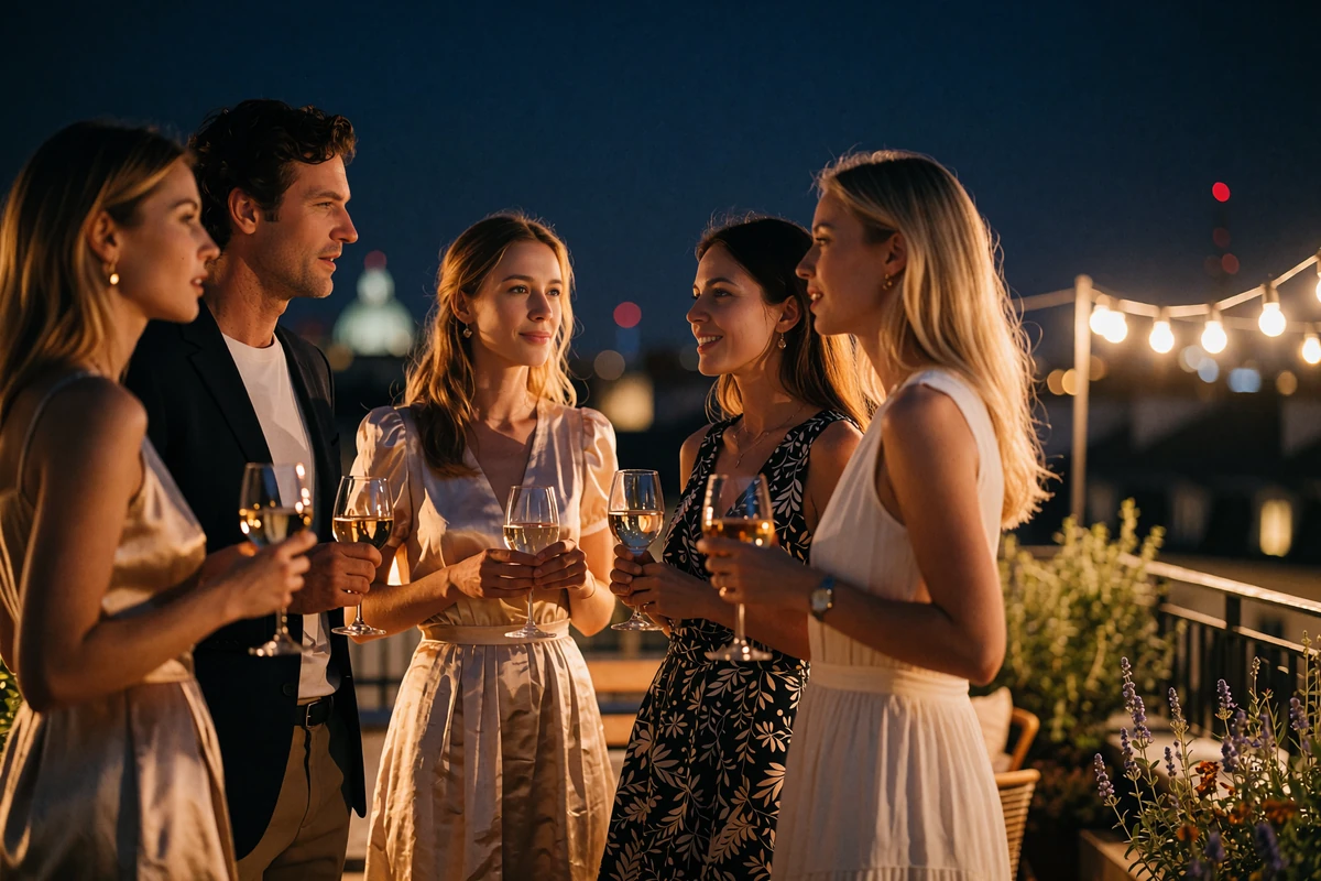 Well-dressed guests talking at an evening rooftop gathering