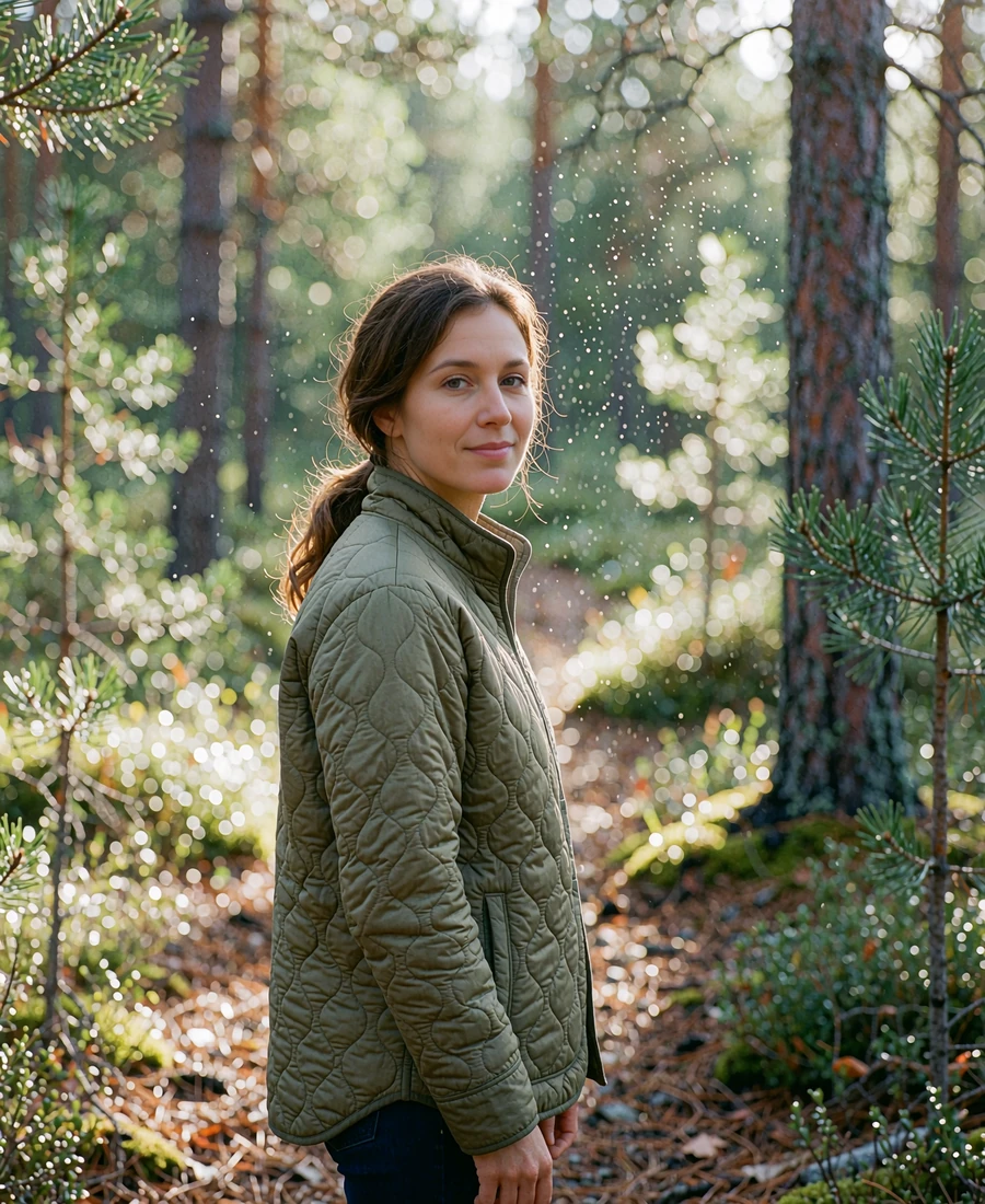 Polish woman in an olive jacket on a pine forest trail with a calm smile