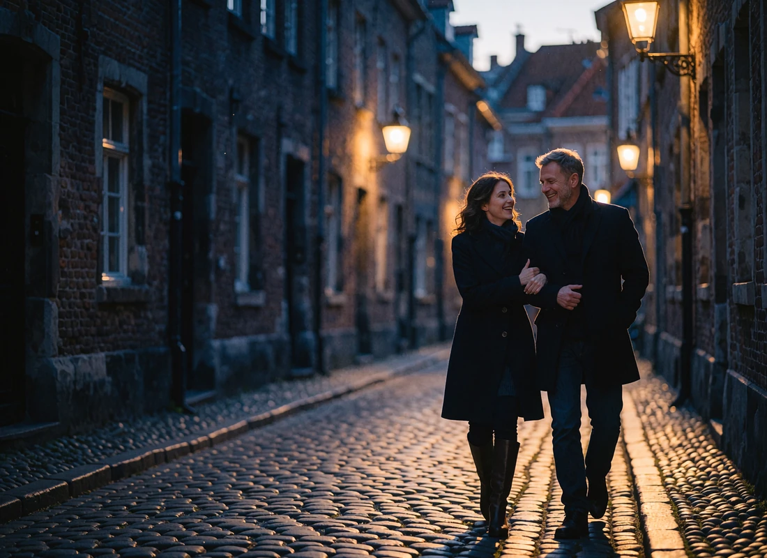 Couple walking together along a cobbled old-town street at dusk
