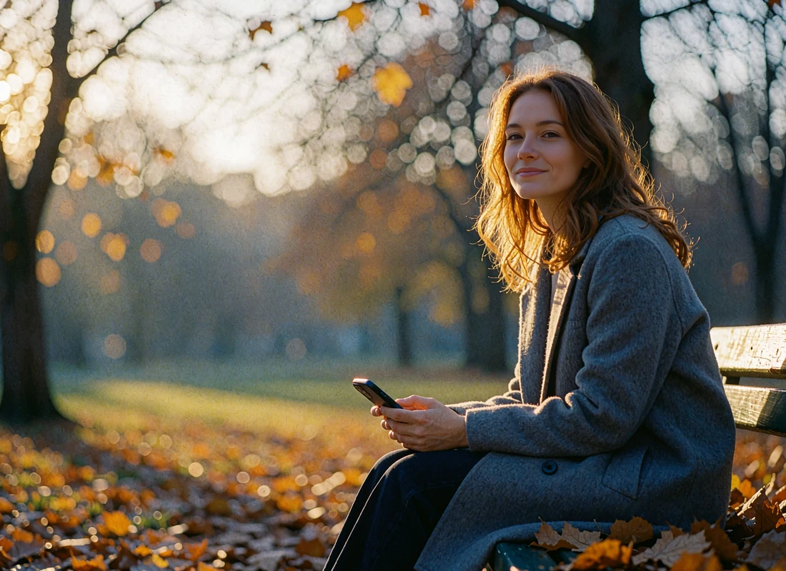 Woman on a park bench in autumn holding her phone face down while smiling