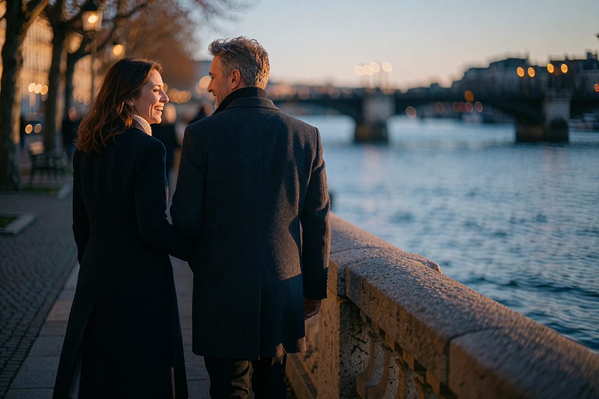 Couple walking together along a European riverside promenade at dusk