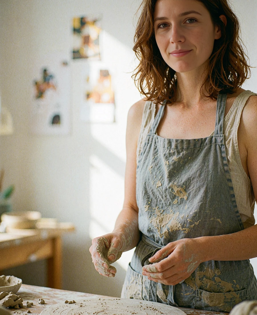 Bulgarian woman in a grey apron smiling inside a bright craft studio with hands dusted from work