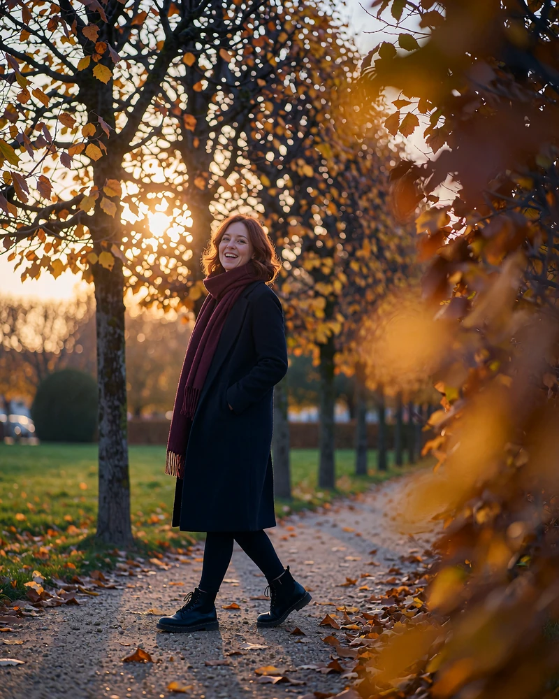 Auburn-haired woman in a burgundy scarf laughing on an autumn park path