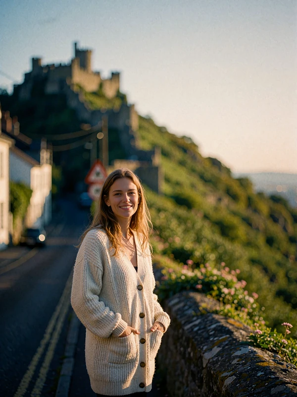 Slovak woman in a cream cardigan on a hillside street below a castle ridge