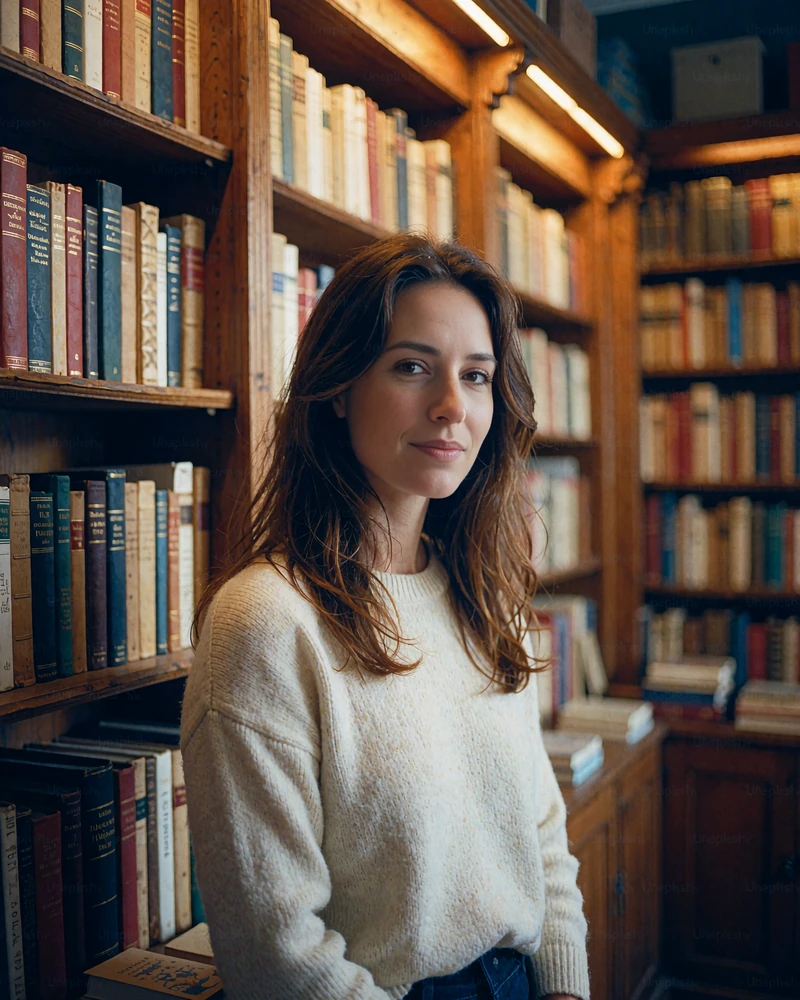 Czech woman in a cream knit sweater among wooden shelves in an antiquarian bookshop