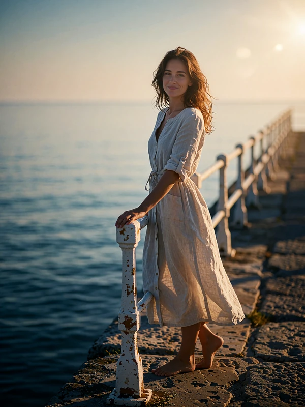 Bulgarian woman in a linen dress resting on a seafront promenade railing