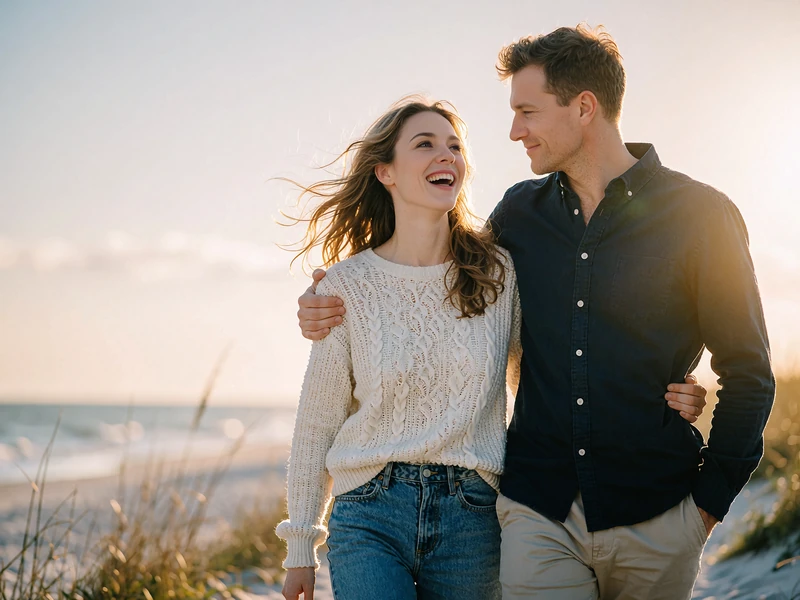 Couple walking arm in arm along a breezy coastal path in late afternoon light