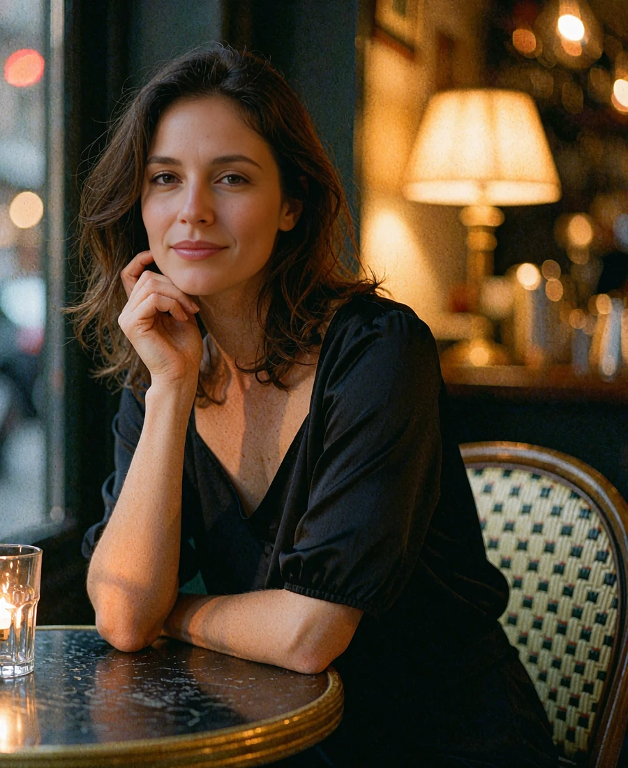 Romanian woman in a black silk top seated at a small evening bistro table with a warm, relaxed smile