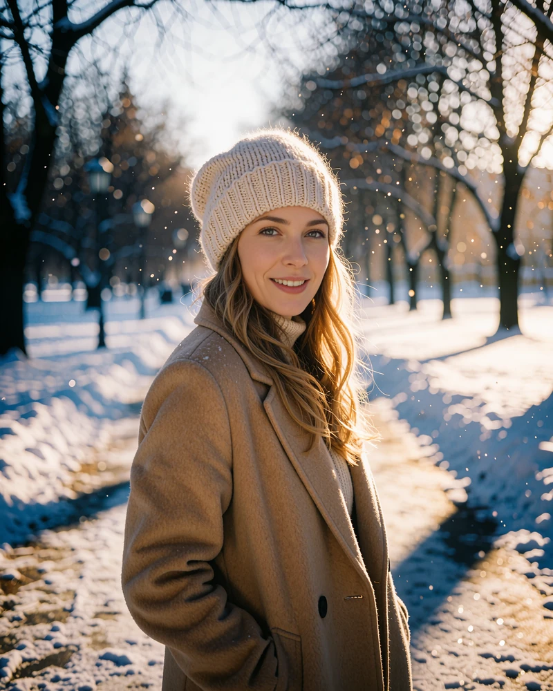 Belarusian woman in a camel coat and knitted hat smiling on a snow-dusted park path