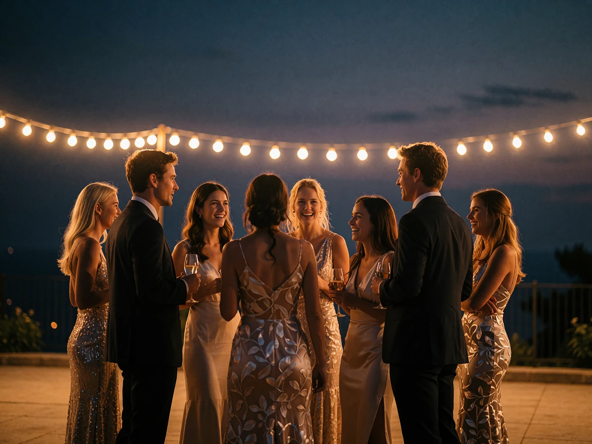 Well-dressed guests talking and laughing at an outdoor evening reception under strings of warm bulbs
