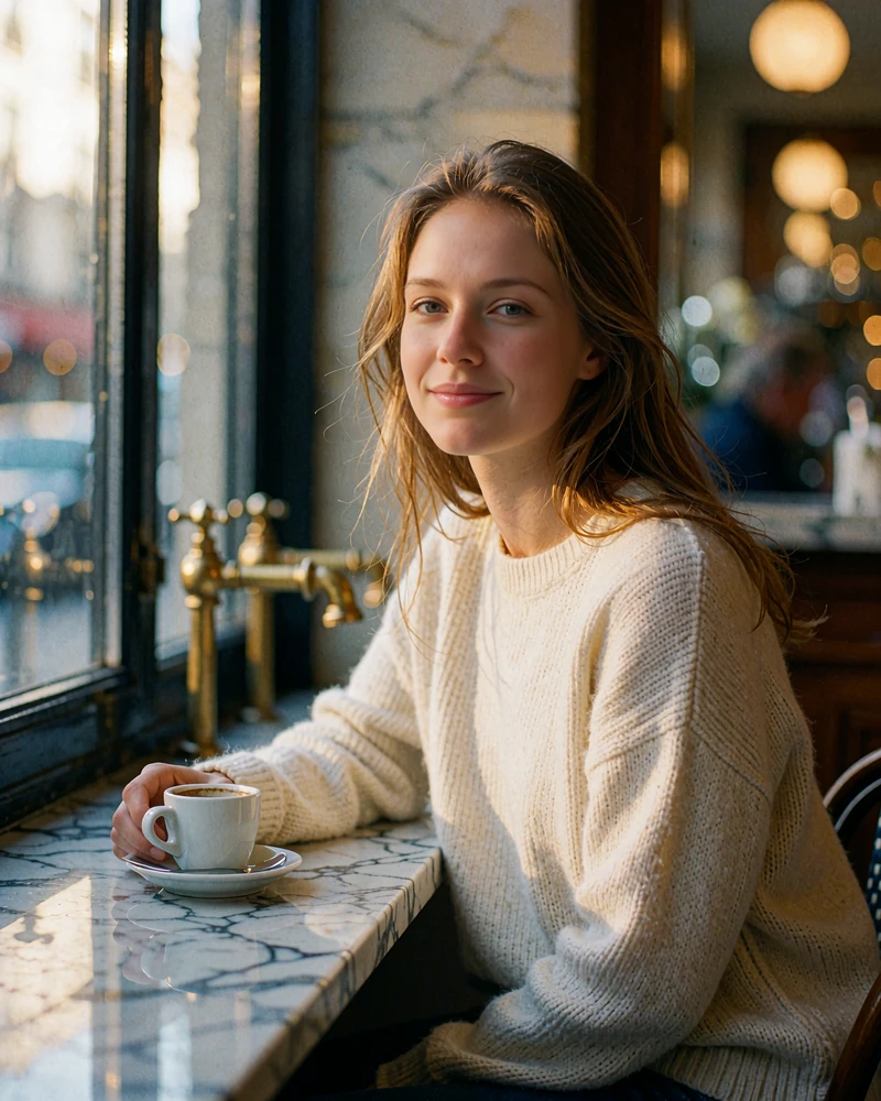 Slavic woman with light-brown hair in a cream sweater smiling at a café window table
