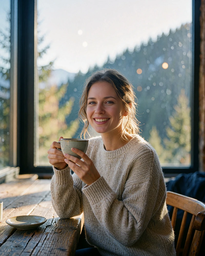 Slovak woman in an oatmeal knit sweater holding a coffee cup at a mountain-view cafe table