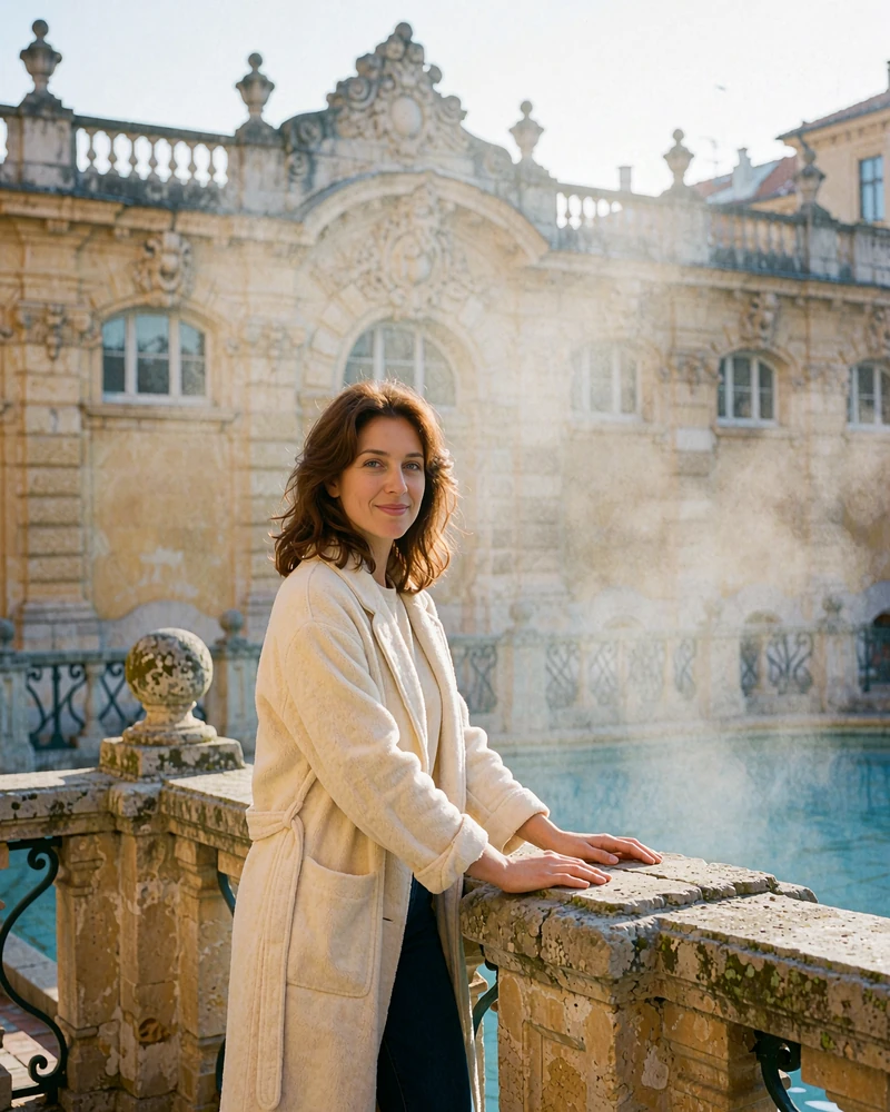 Hungarian woman in a cream robe-coat smiling on a historic bath-house terrace in morning light